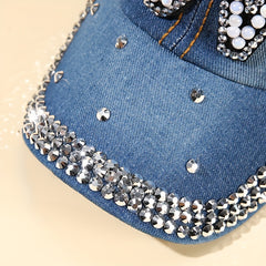 Denim Baseball Cap Faux Pearl Rhinestone Decor LOVE Distressed Sun Hat