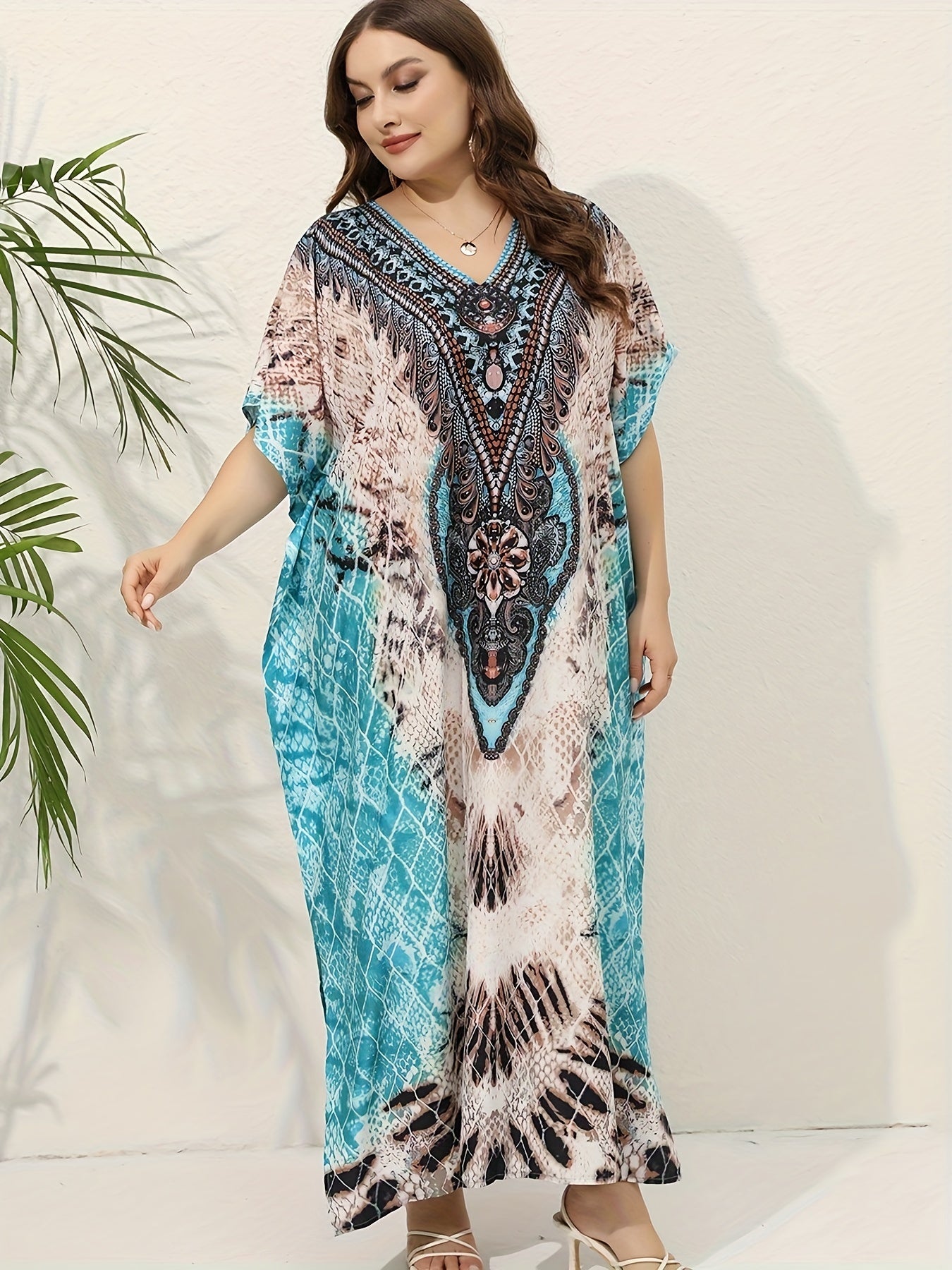  Snake Skin Print Cover Up Batwing Sleeve V Neck Loose