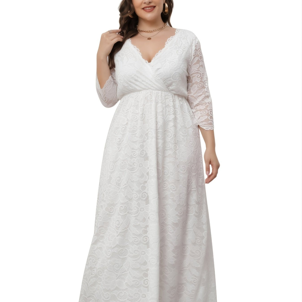  Lace Deep V Neck 3/4 Sleeve Wedding Maxi Dress