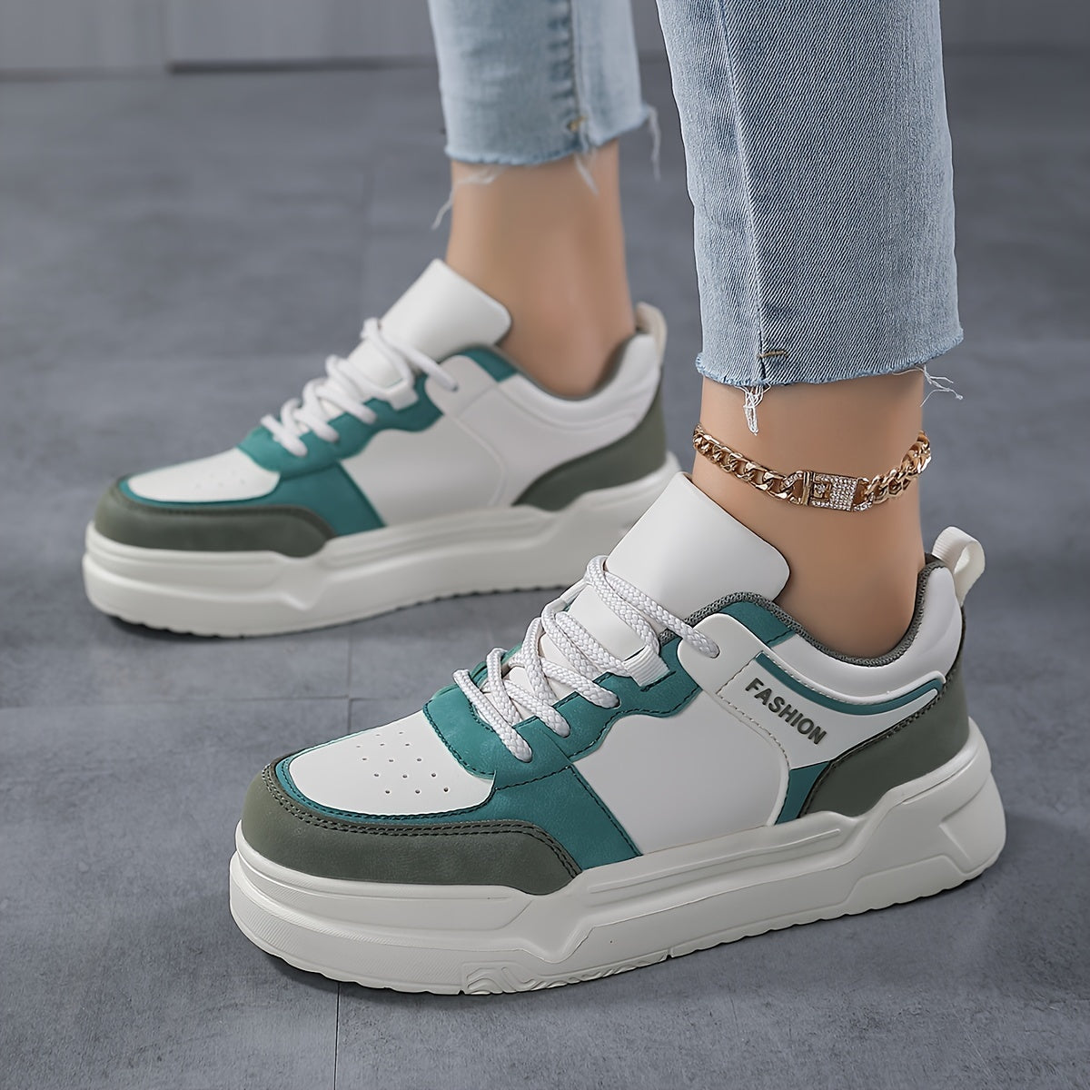 Women's Block Faux Leather Chunky Sneakers for Outdoor Sports