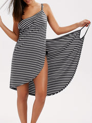 Striped Beach Cami Dress Sexy Holiday Backless Wrap Spaghetti Dress
