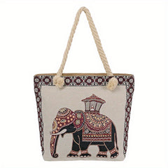 Ethnic Style Elephant Pattern Tote Bag Vintage Large Capacity Beach Bag