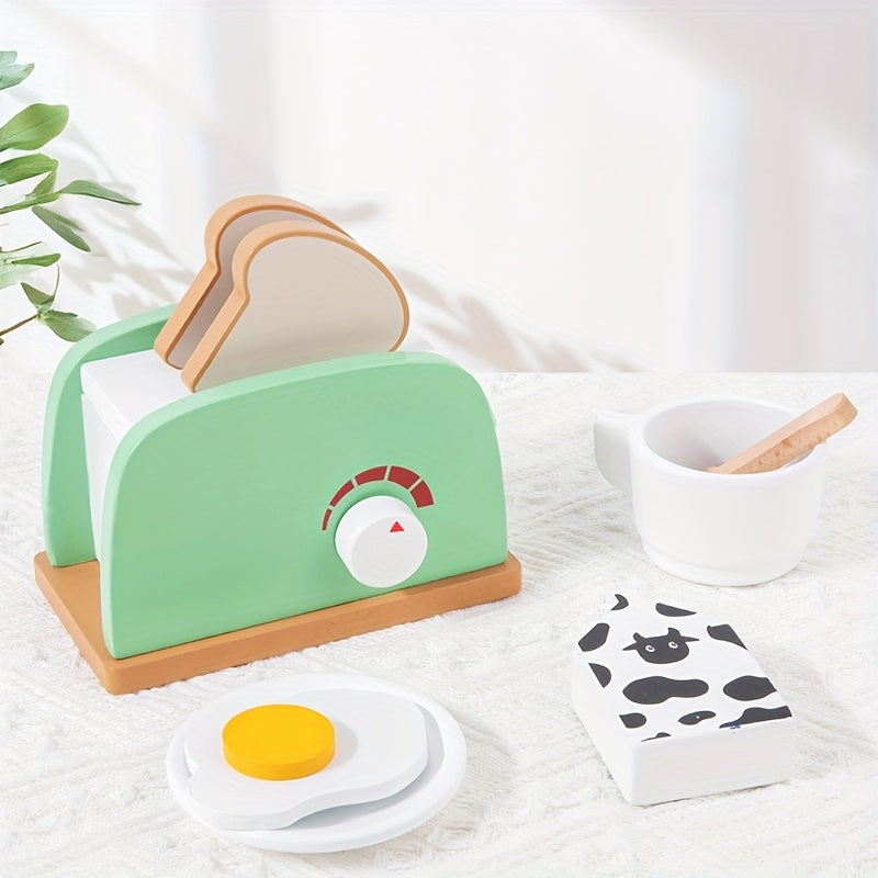 Wooden Kitchen Toy Pop Up Bread and Butter Toaster Set Play Bread Maker Kitchen