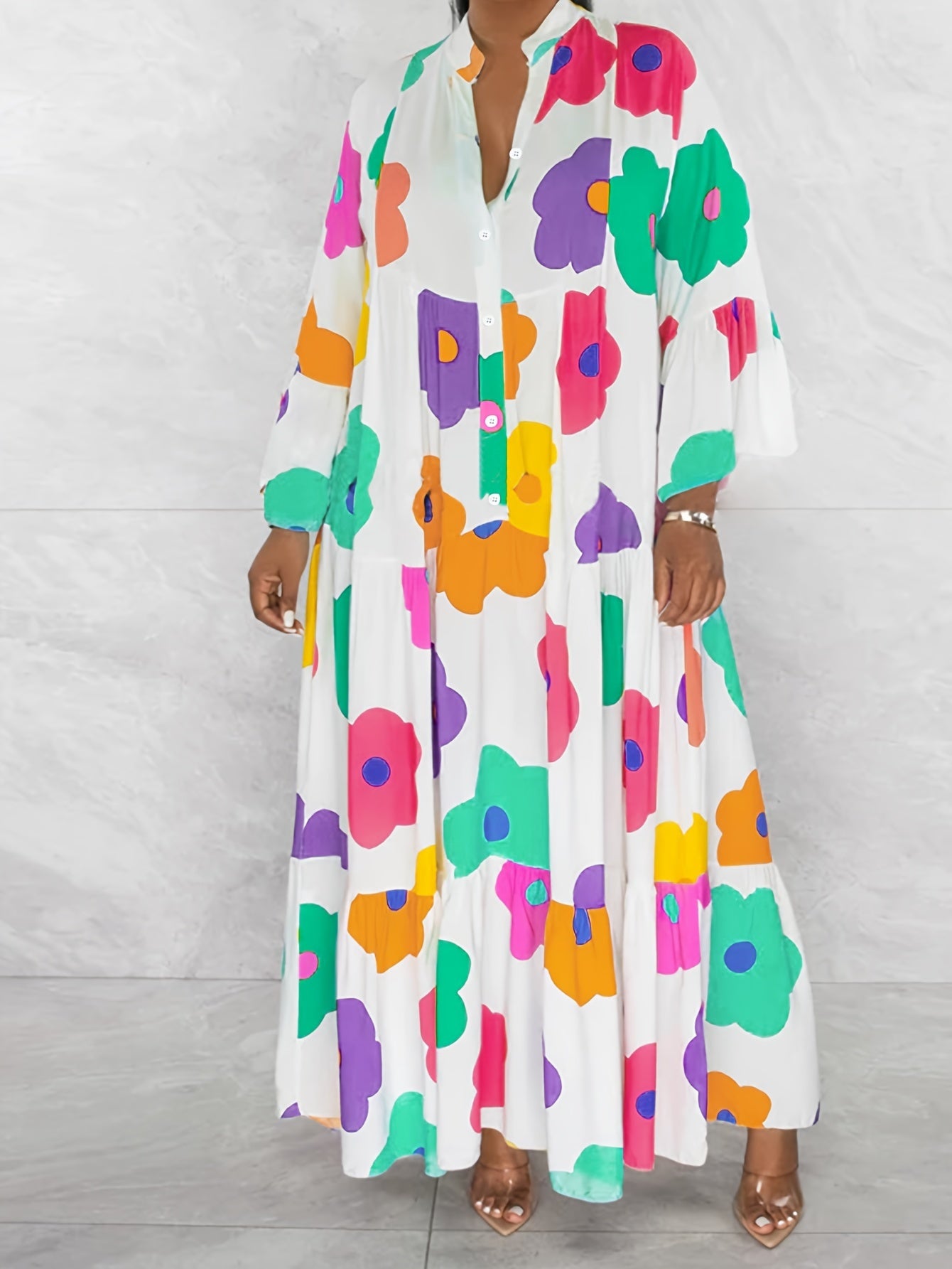 Floral Print Bell Sleeve V Neck Smock Dress
