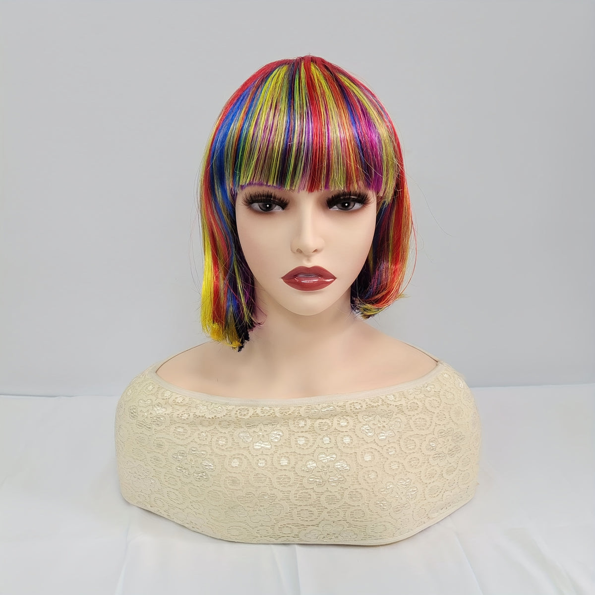 Rainbow Colors Short Hair Bob Wig With Bangs Synthetic Cosplay Daily Party Wig