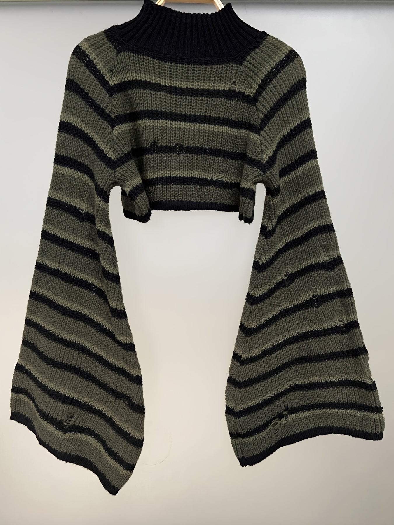  Punk Sweater Women's Plus Colorblock Stripe Print Bell Sleeve Mock Nec