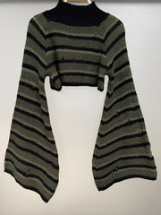  Punk Sweater Women's Plus Colorblock Stripe Print Bell Sleeve Mock Nec