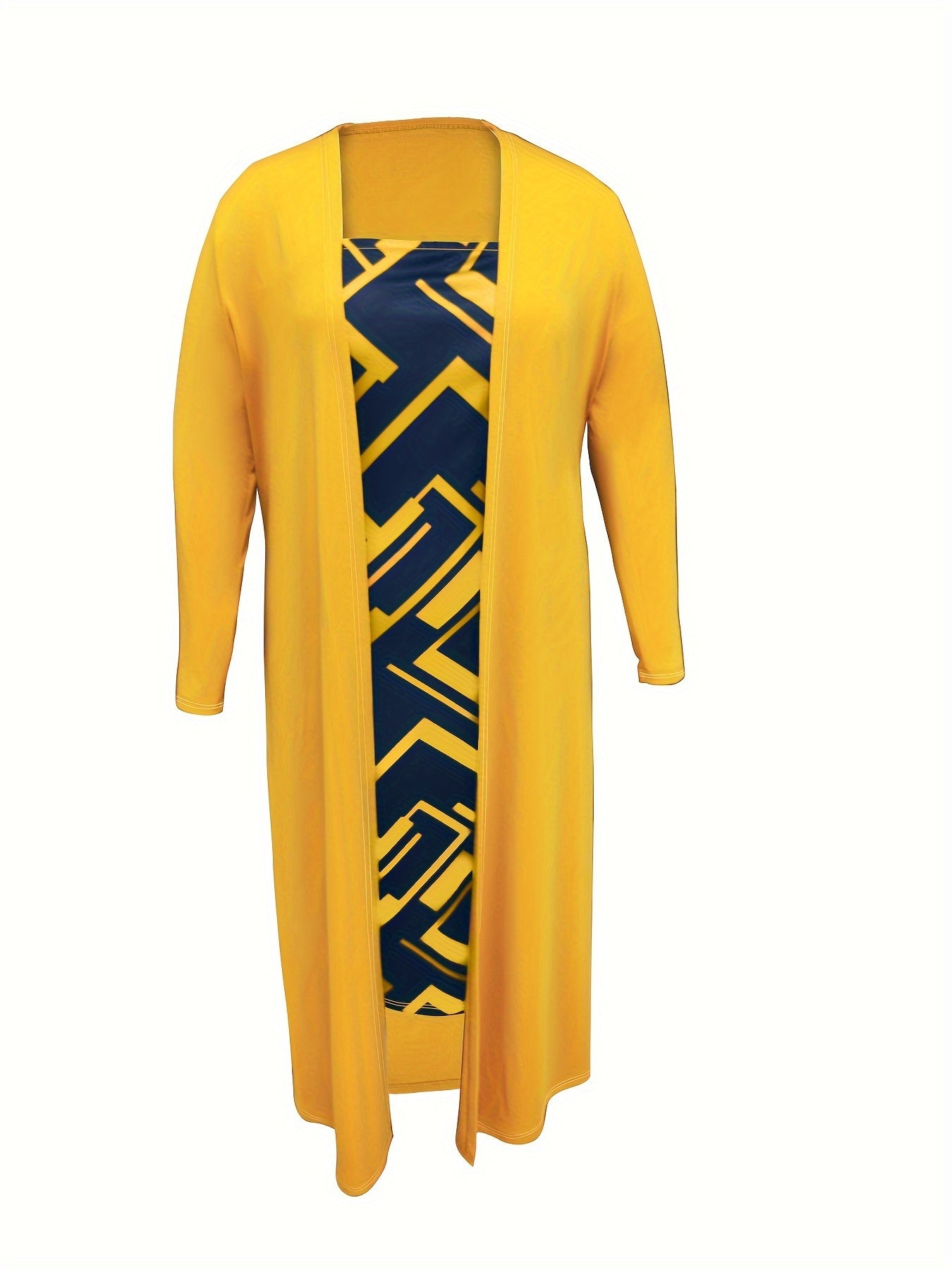  Women's Solid Long Sleeve Cardigan & Geometric Print Midi Dress Set