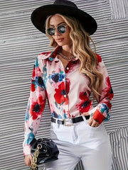  Floral Print Button Up Long Sleeve Blouse