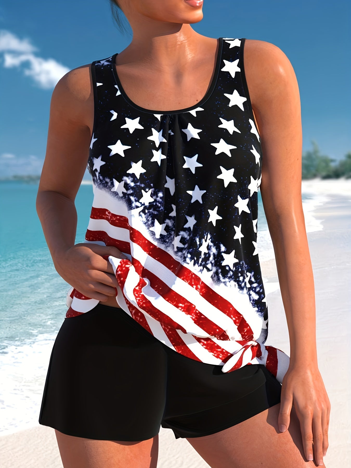  Independence Casual Tankini Set Women's Plus Flag Print Tie...