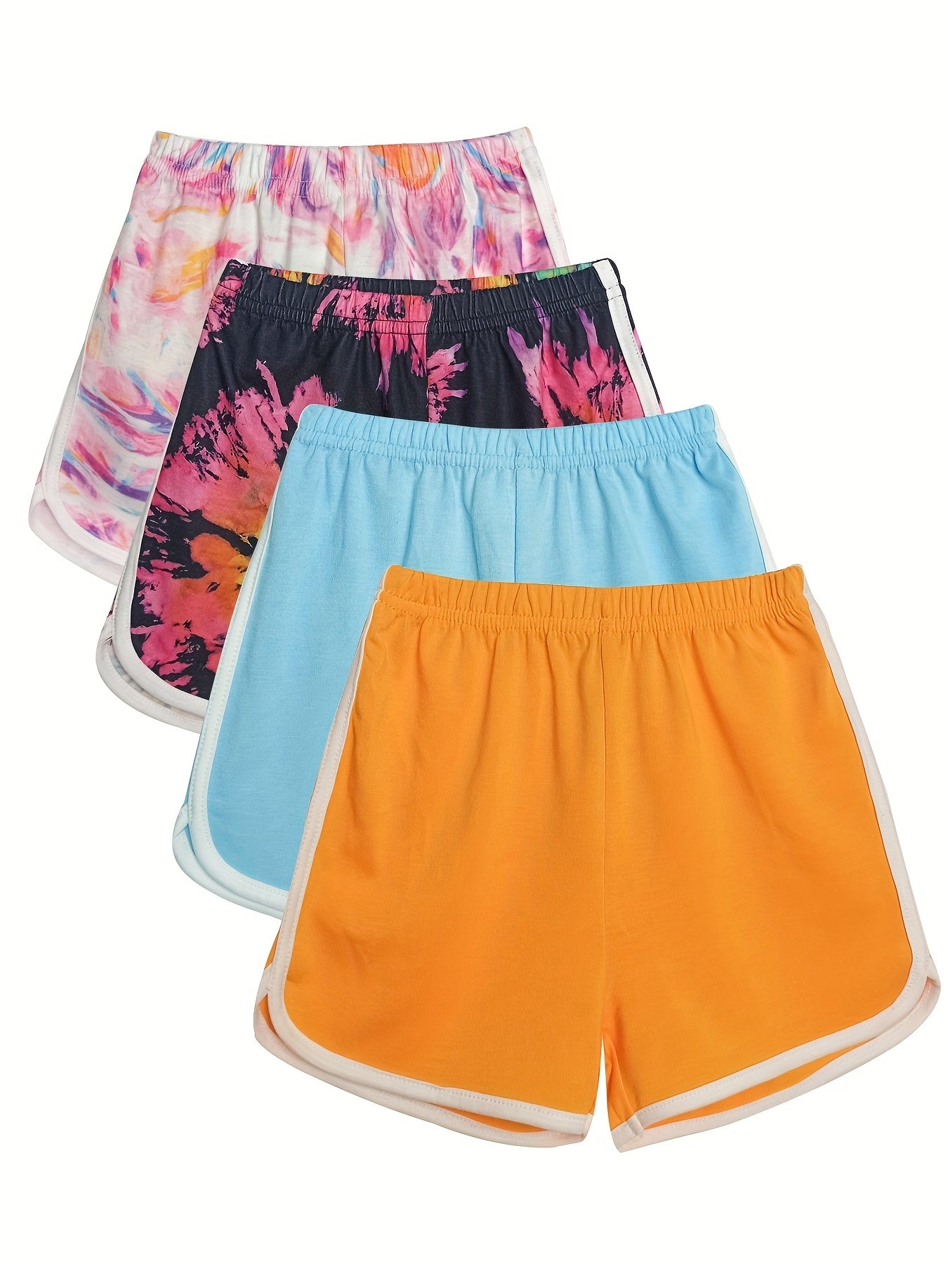 4 Packs Girls Casual Active Shorts With Tie dye And Plain Colors