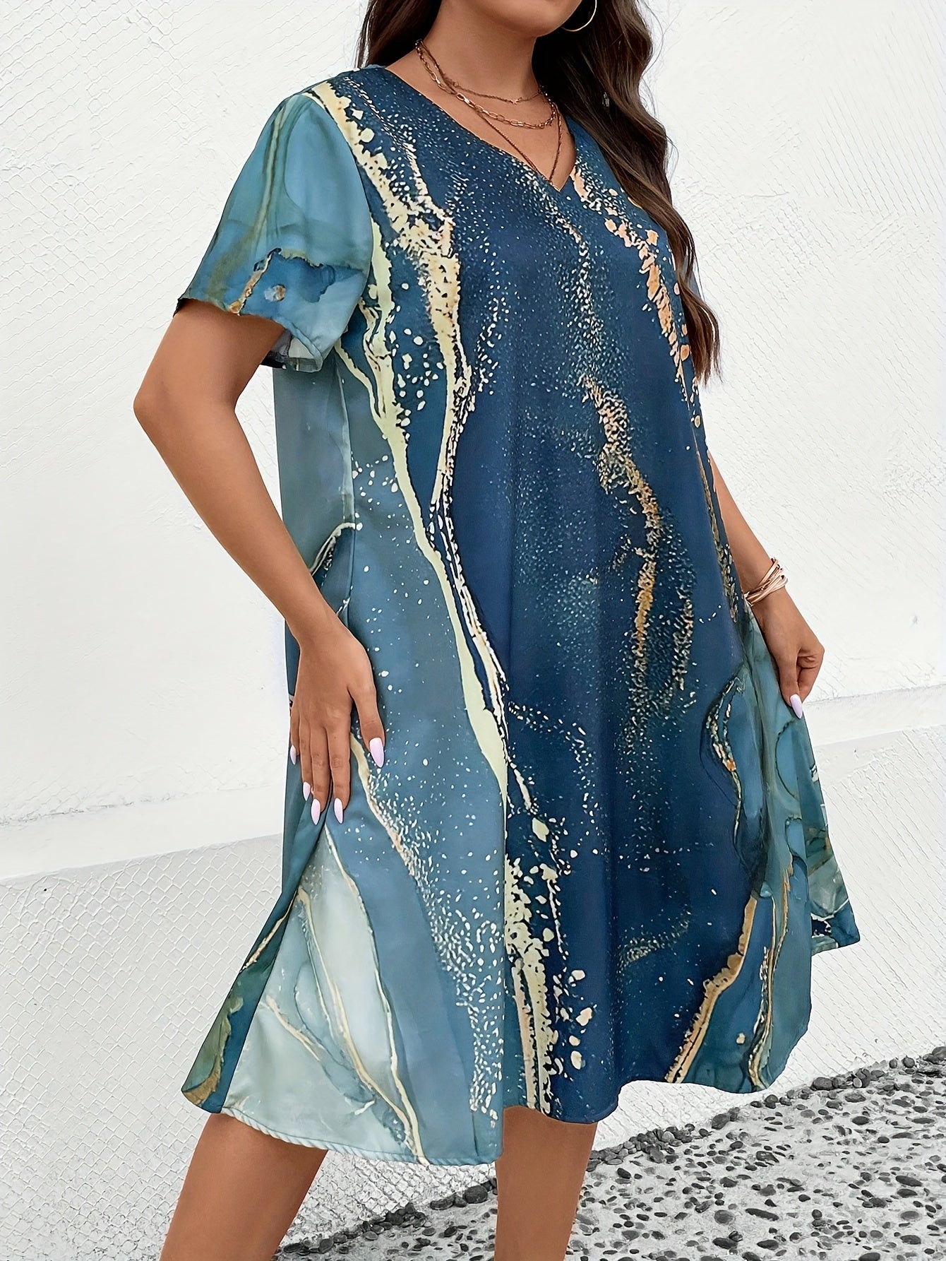 Women's Plus Marble Print V Neck Loose Fit Knee Dress