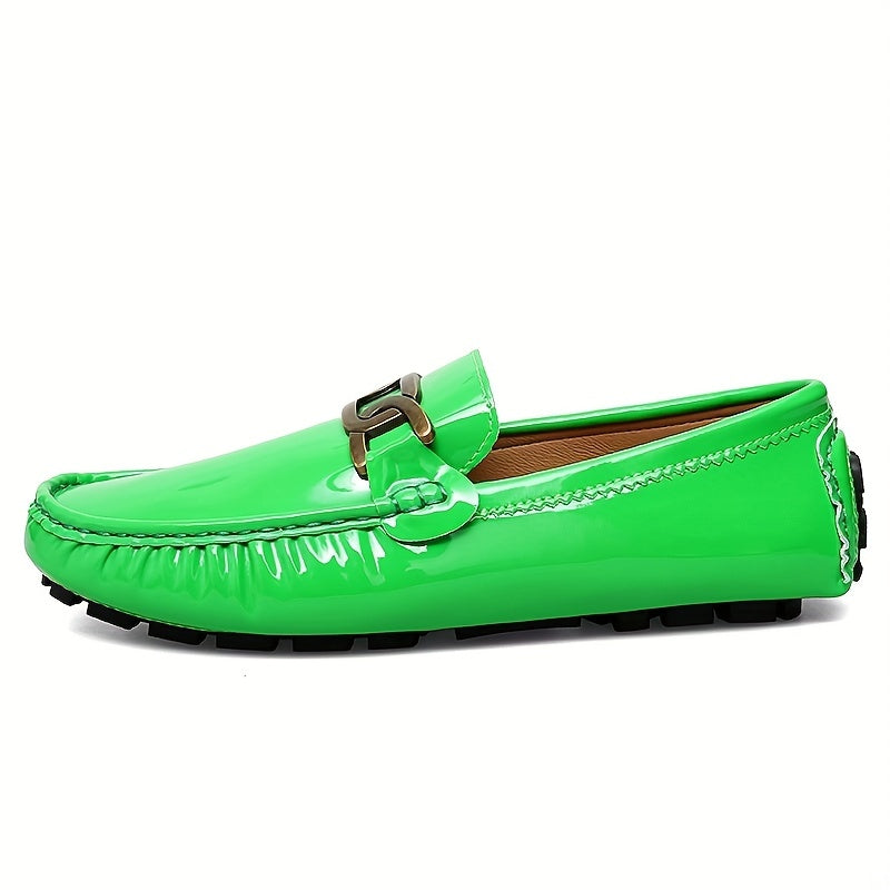 Women's Metal Buckle Flat Loafers Patent Leather Slip On Casual Walking Shoes