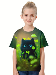 Girls Boys 3D Cat & Shamrock Graphic Tee Top