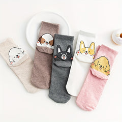 5 Pairs Cartoon Dog Print Socks Women's Mid Tube Stockings Cute & Comfy