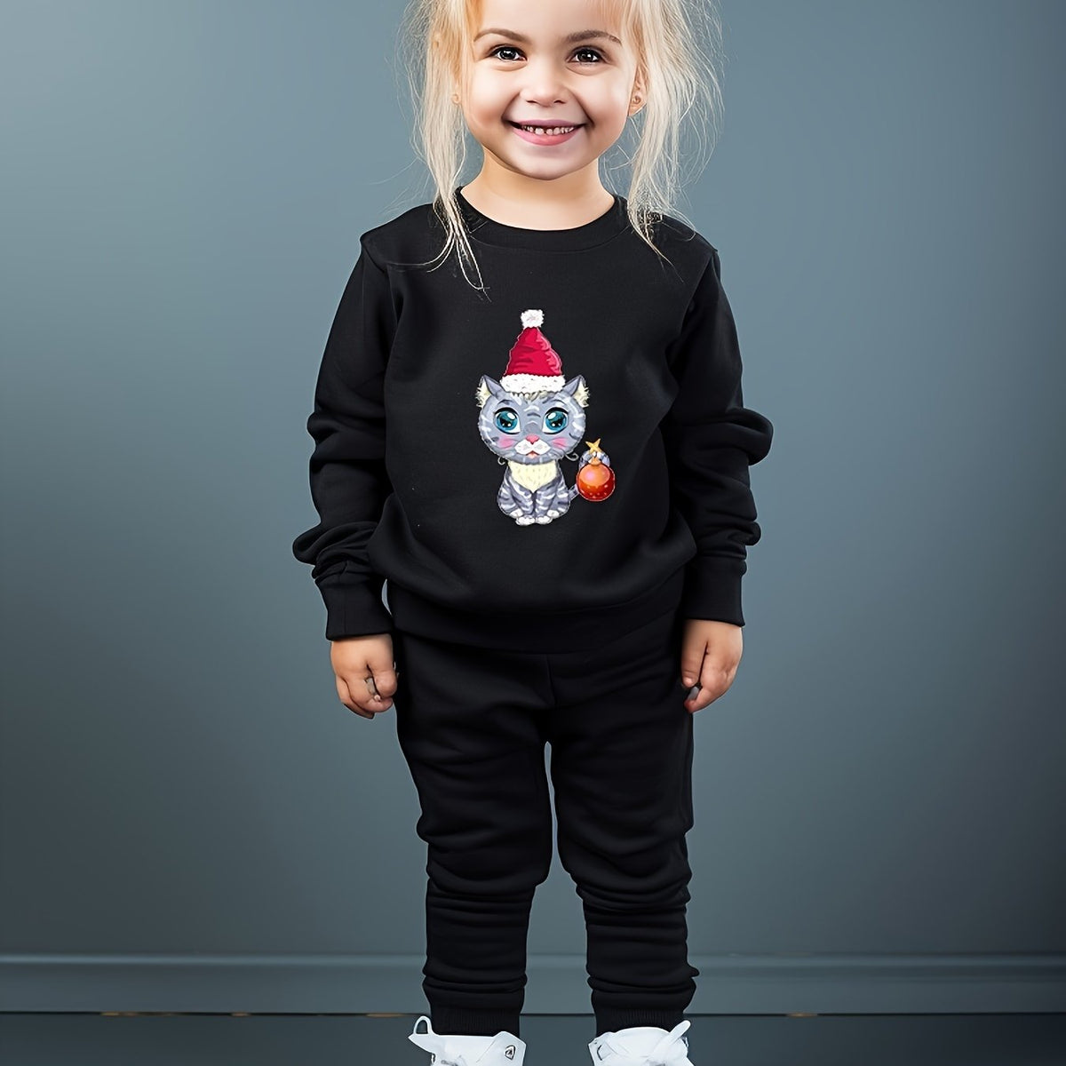 Girls 2pc Cat Crew Neck Sweatshirt and Solid Sweatpants Set