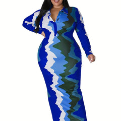 Tie Dye Print V Neck Long Sleeve Maxi Dress Plus Size