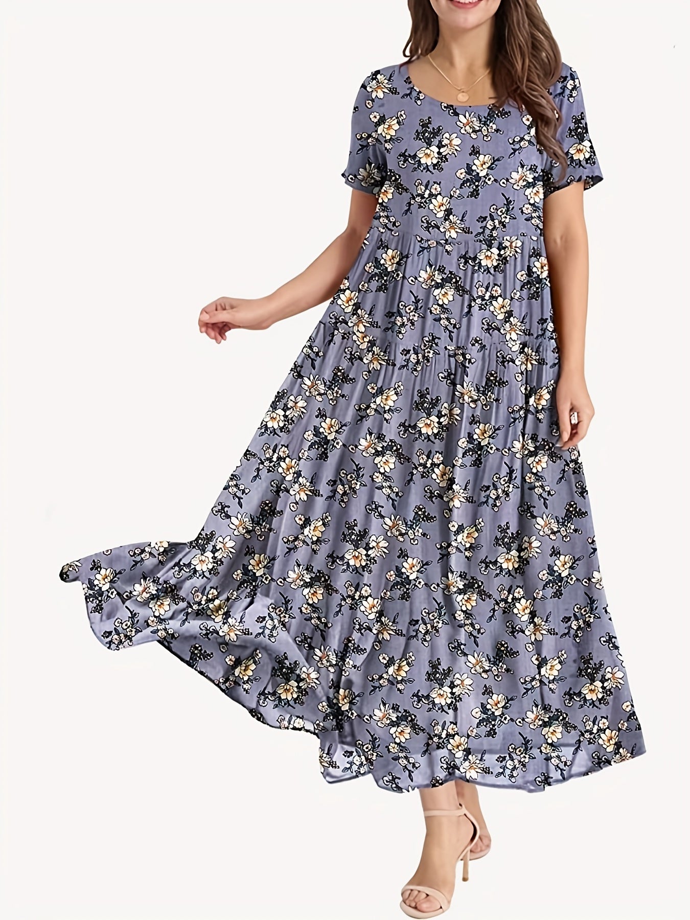 Floral Print Short Sleeve Casual Maxi Dress