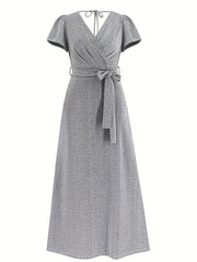  Solid Short Sleeve Maxi Dress With Belt