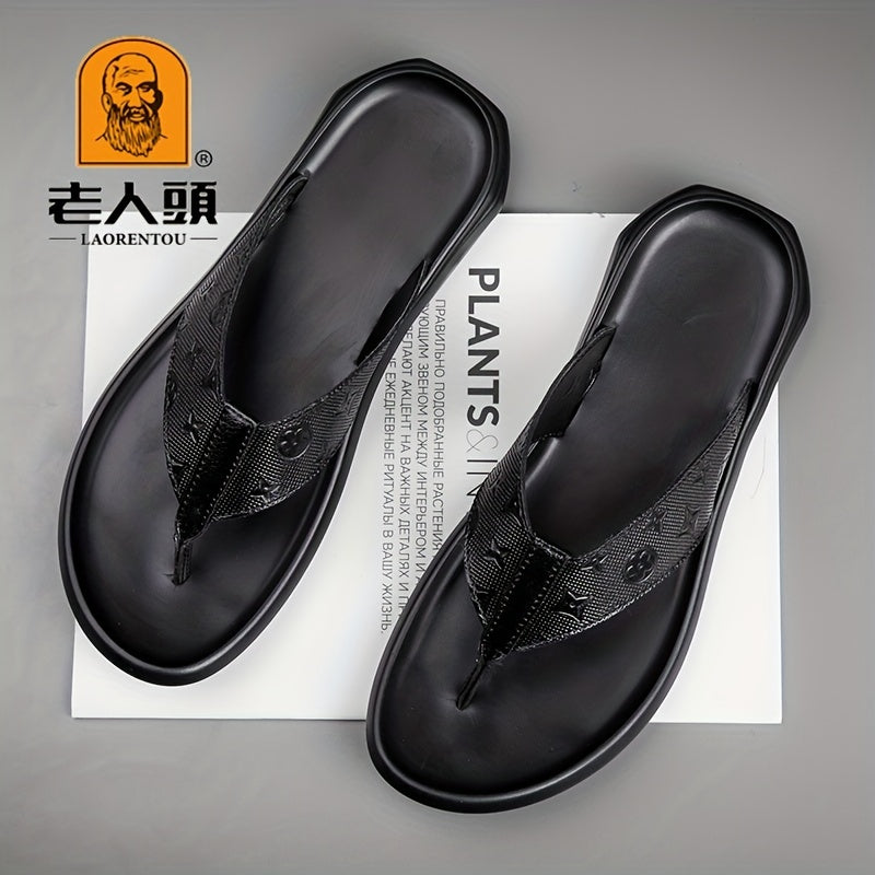 LAORENTOU Men's Leather Flip Flops with Arch Support Casual Floral Thong