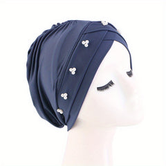 Faux Pearl Decor Turban Cap Solid Beanie Ruched Head Wrap