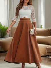  Women's Woolen Maxi Skirt Solid High Rise A line Swing