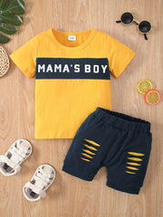 Cotton 'MAMA'S BOY' T-shirt Top + Ripped Shorts 2pcs Set for Baby Boys