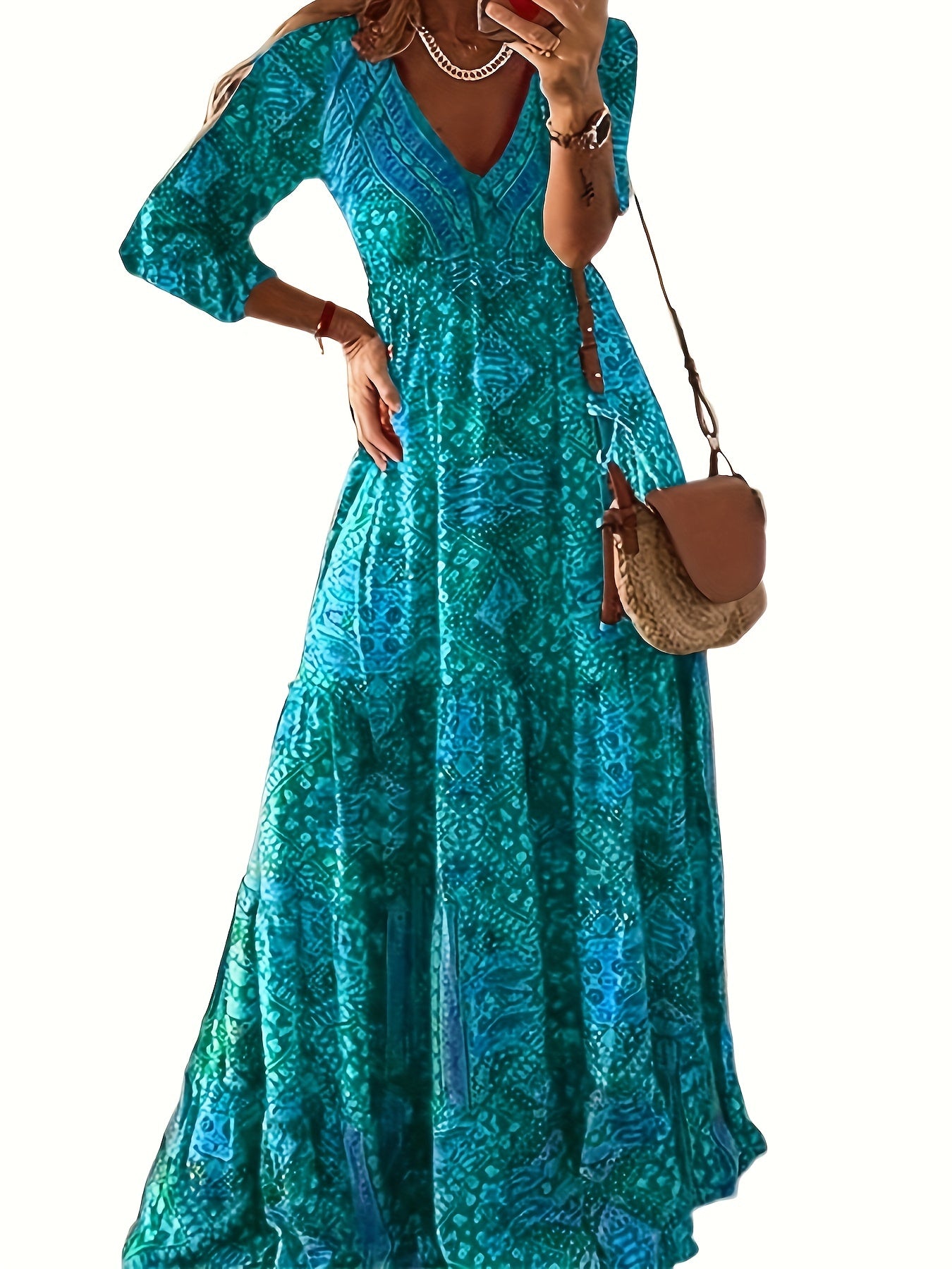  Ditsy Floral Print Long Sleeve V Neck Maxi Dress