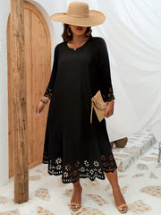  Casual Dress Women's Plus Solid Laser Cut Long Sleeve Dress