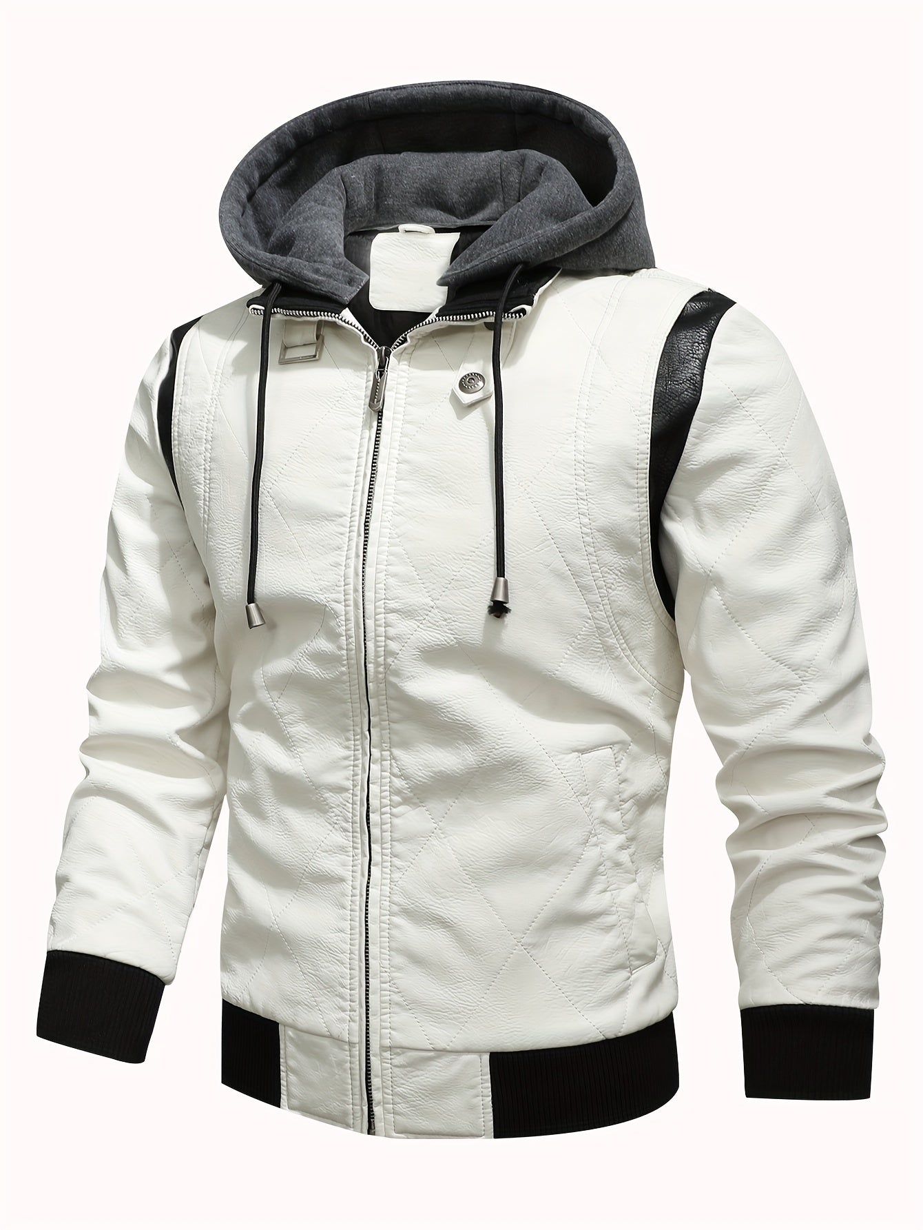 Men's Slim Fit Winter Splice Pu Leather Hooded Jacket Coat