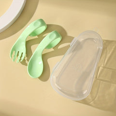 Kids Training Spoon Curved Handle Fork Spoon Set with Storage Box