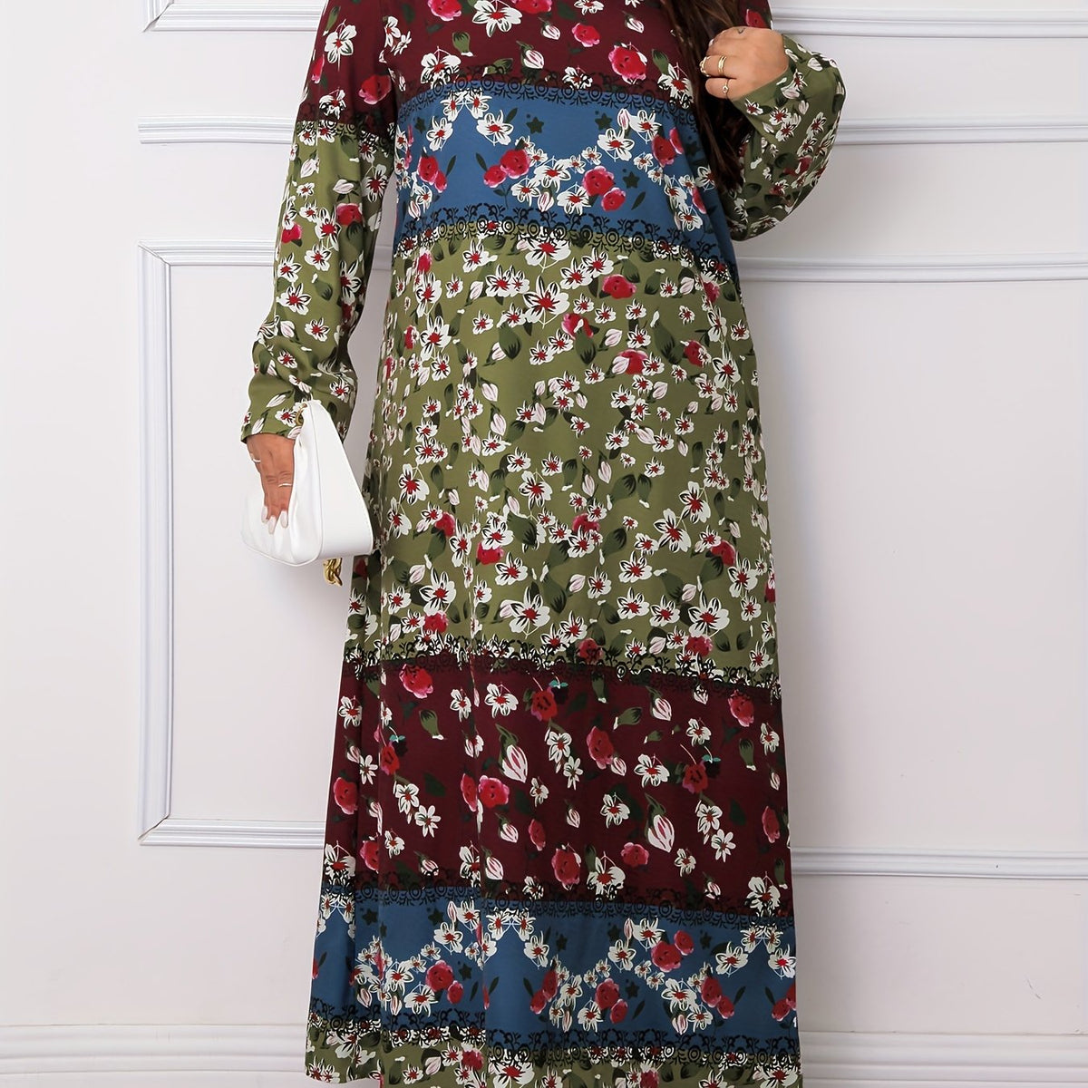  Colorblock Floral Print Long Sleeve Maxi Dress