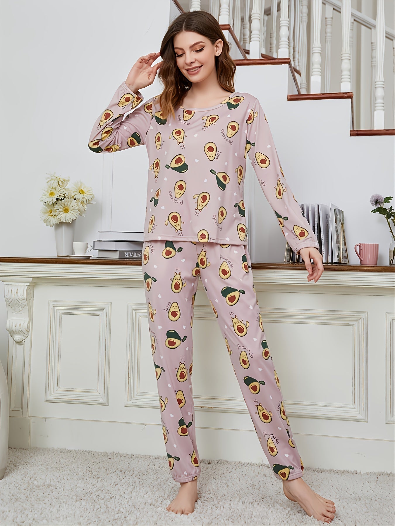 Avocado Print Pajama Set Long Sleeve Top & Pants Women's Sleepwear