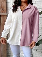  Colorblock Long Sleeve Button-Up Shirt Top With Pockets