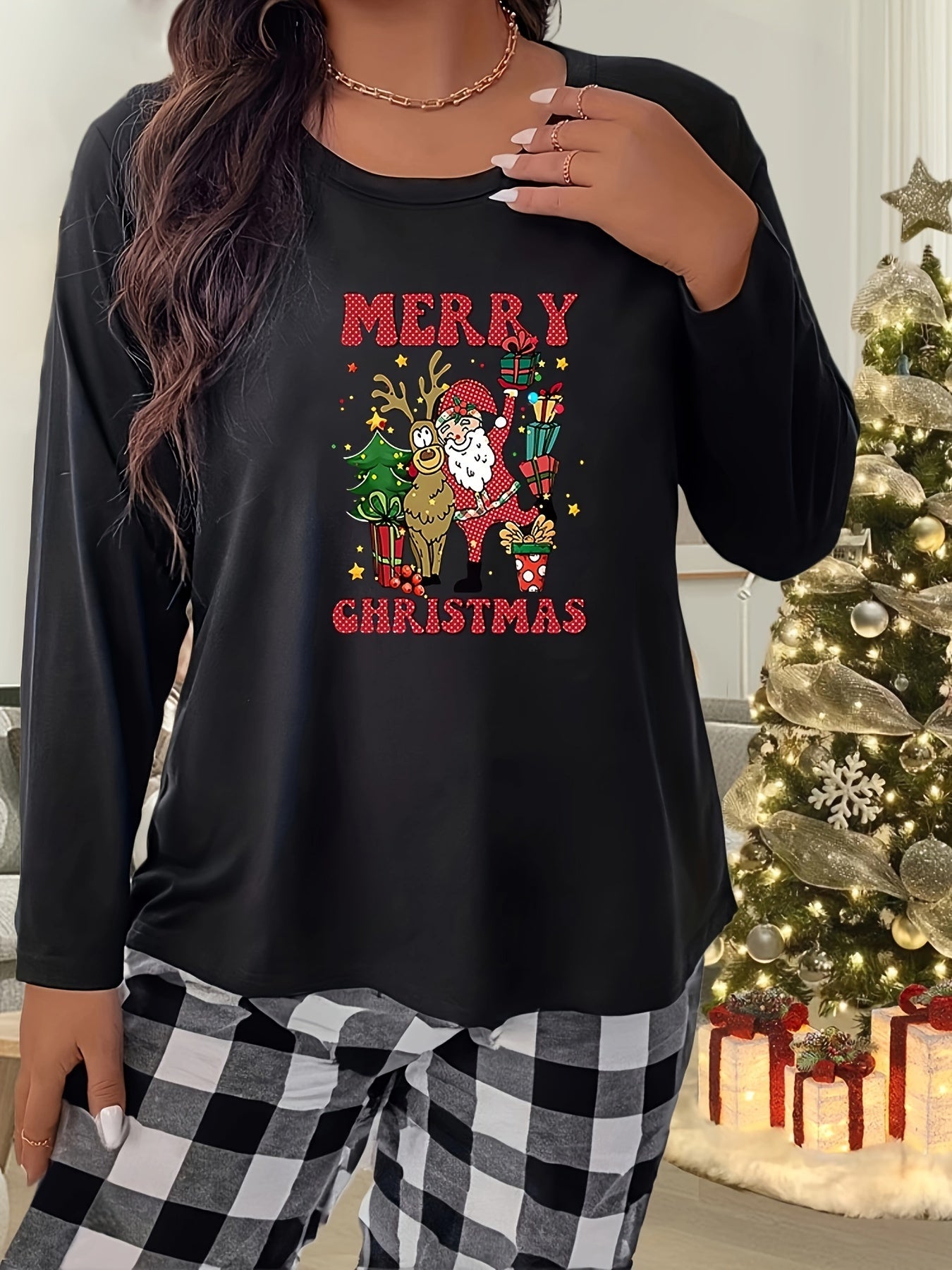  Santa Claus Graphic Long Sleeve Sleepwear Top