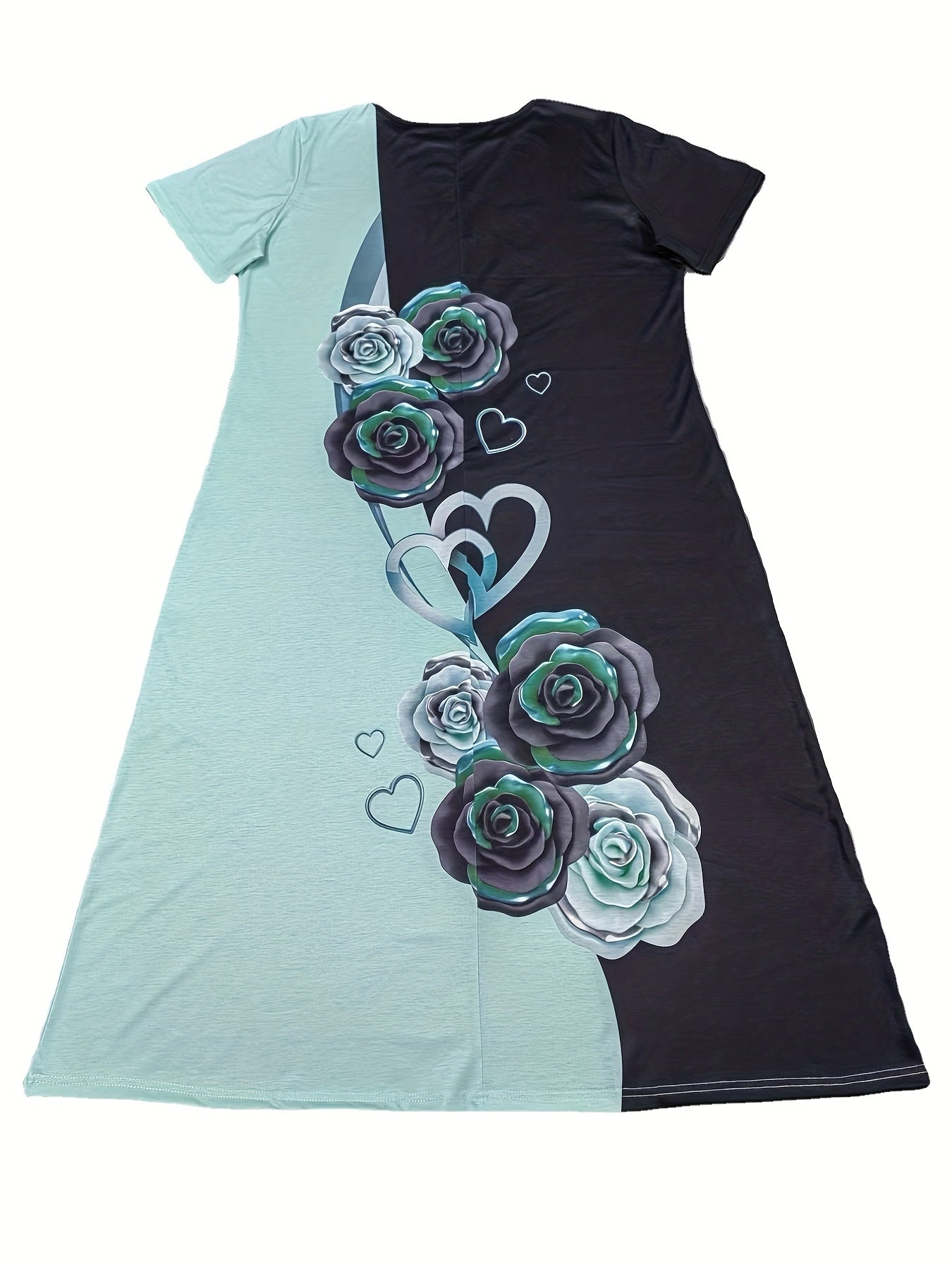  Colorblock Floral Print Short Sleeve Midi Dress