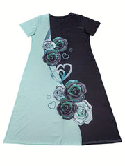  Colorblock Floral Print Short Sleeve Midi Dress