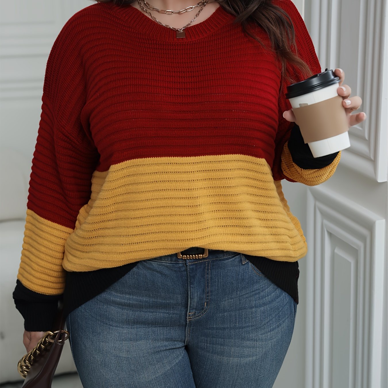  Colorblock Round Neck Sweater Women Long Sleeve Casual Jumper