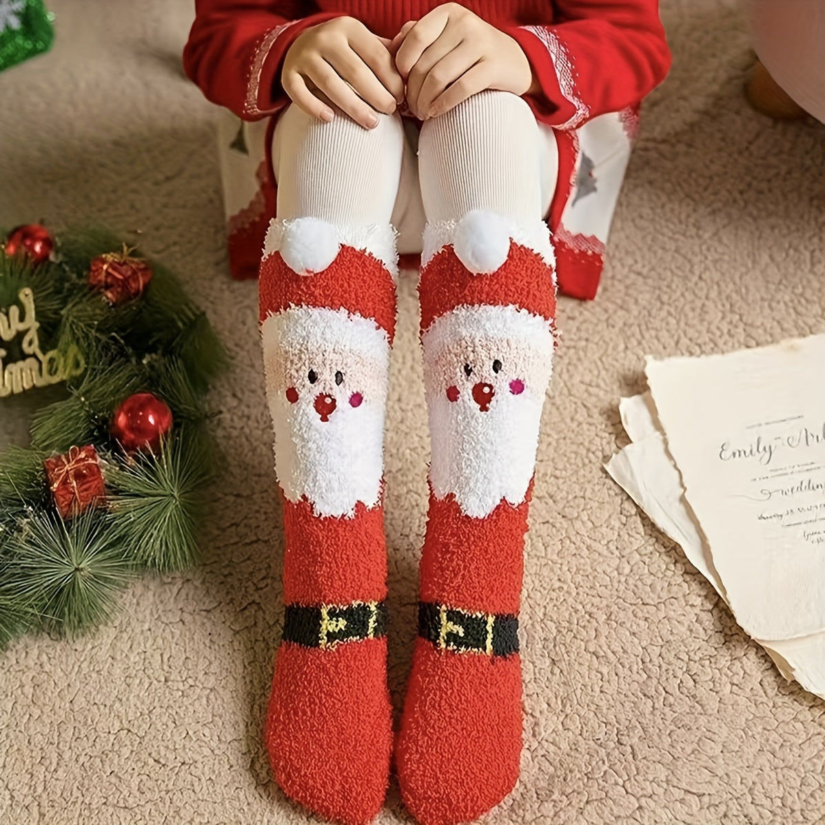 2 Pairs Christmas Fuzzy Socks Elk Cartoon Fleece Warm Sock Santa Claus Socks