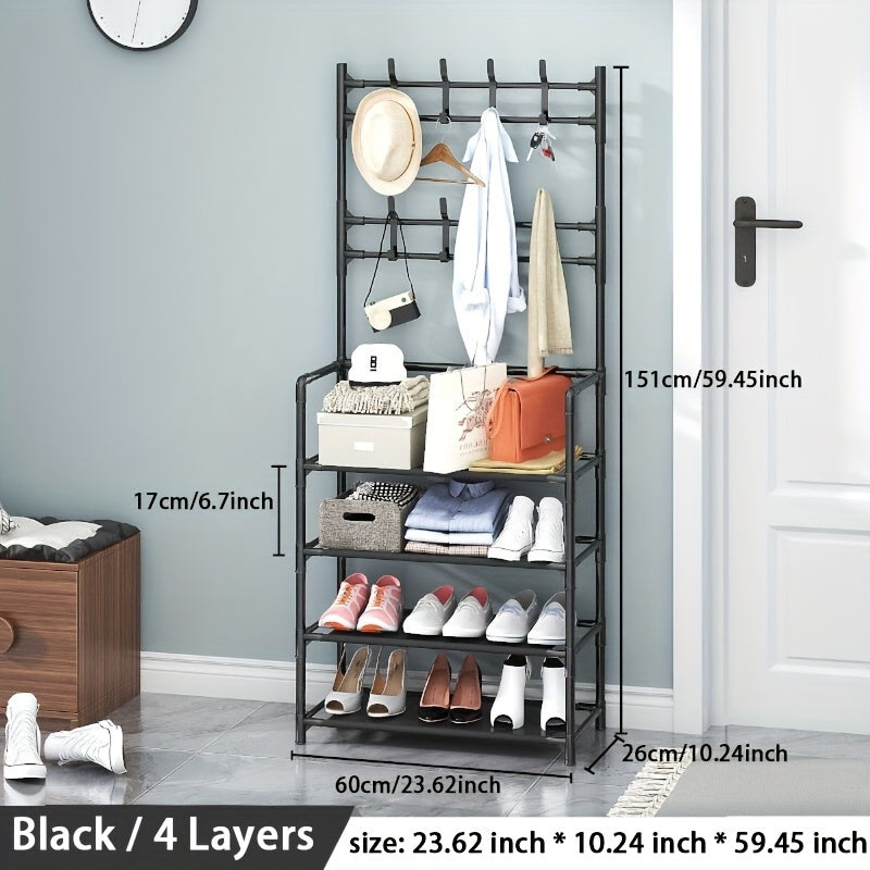 Clothes Storage Rack With Shoe Storage - Metal Stand With 8 Hooks
