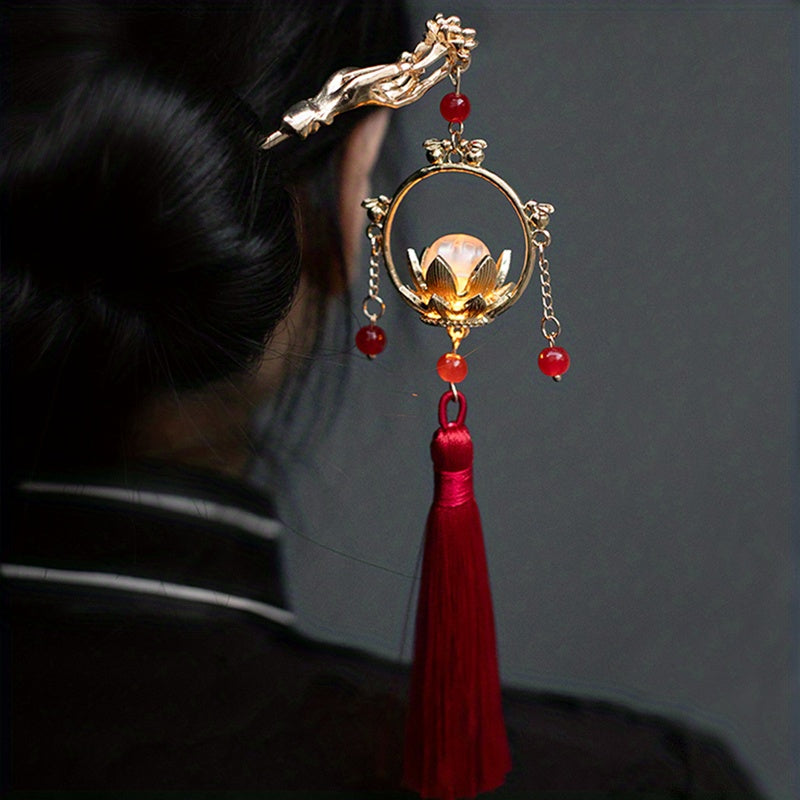 Luminous Lantern Tassel Hair Pin Vintage Bun Holder Headwear Cheongsam Accessory