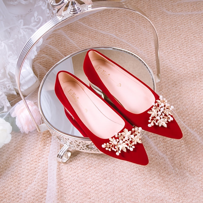 Pearl High Heels Block Heeled Pointed Toe Wedding Shoes