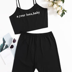  Slogan Print Crop Cami Top & Shorts Set