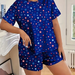 Star Print Tee & Shorts Pajama Set - Round Neck Loungewear