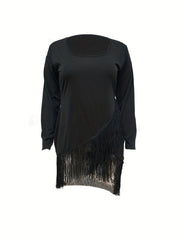  Solid Long Sleeve Fringe Trim Casual Dress
