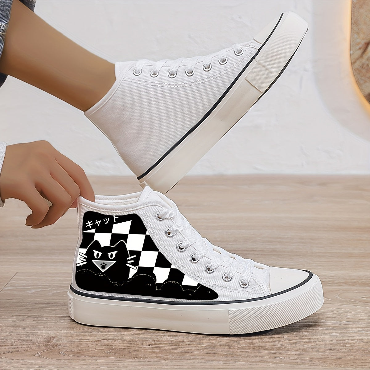 Cat Print Plush Lined Thermal Chunky Canvas Sneakers
