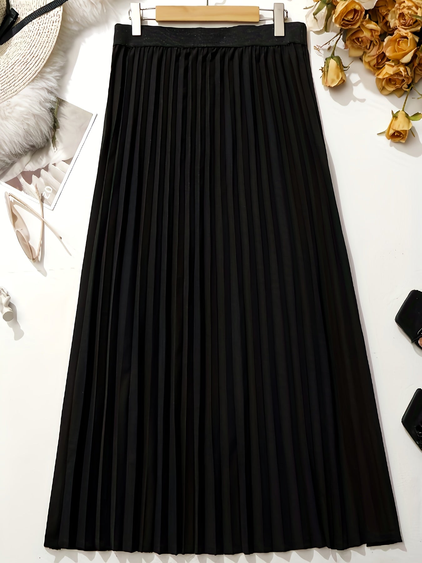  Solid Elastic Waisted A line Swing Skirt