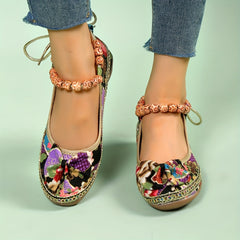 Women's Bowknot Linen Flat Shoes Beaded Strap Slip On Wedge Shoes Ethnic