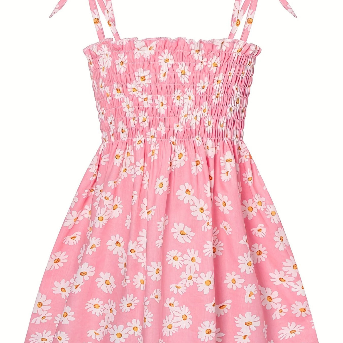 Girls Lace Up Daisy Flowers Print Shirred Cami Dress