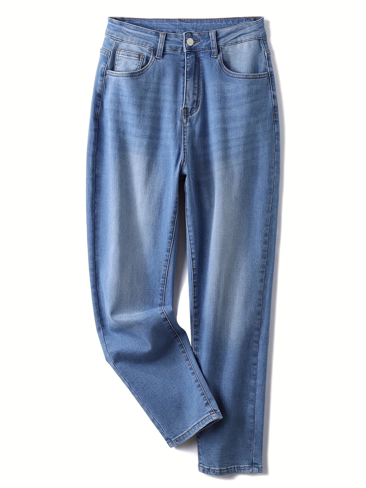 Washed Button Fly High Rise Straight Leg Jeans